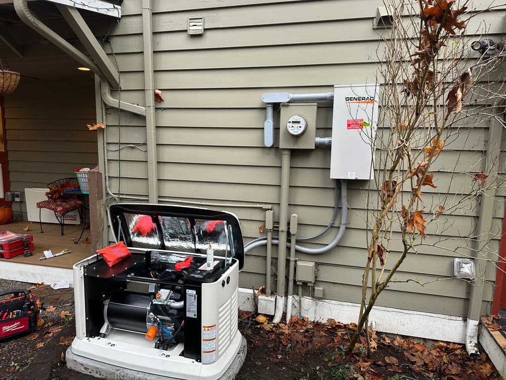 Generator installation with utility meter and electrical connections on a house exterior.