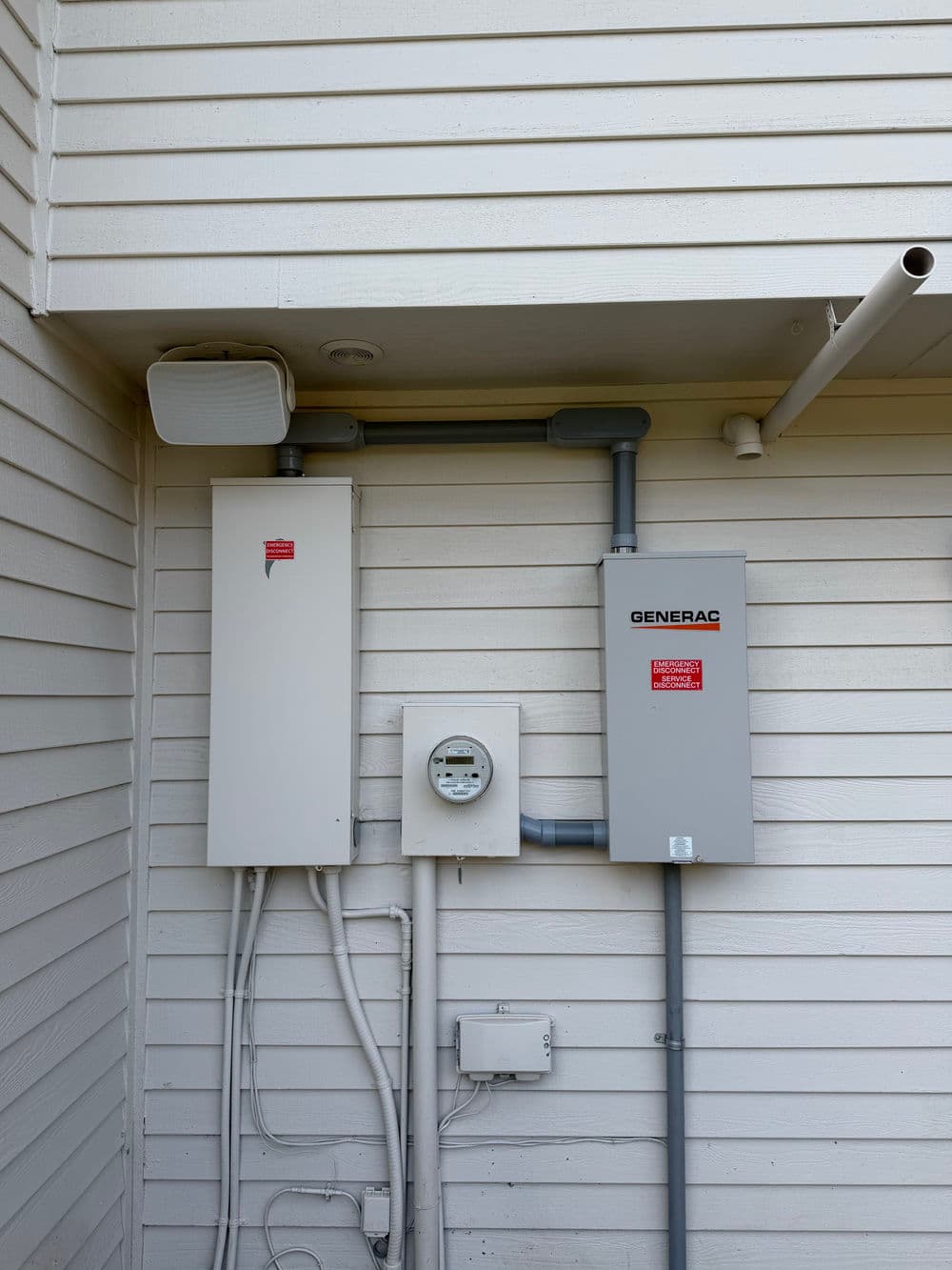 Generac electrical panel and meter mounted on the exterior wall of a home.